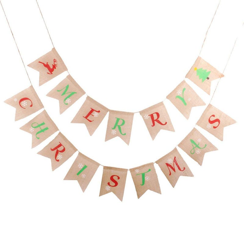 GOER MERRY CHRISTMAS Burlap Banners Garlands for Xmas Party Decoration Photo Prop (Multicolor) - Image 1
